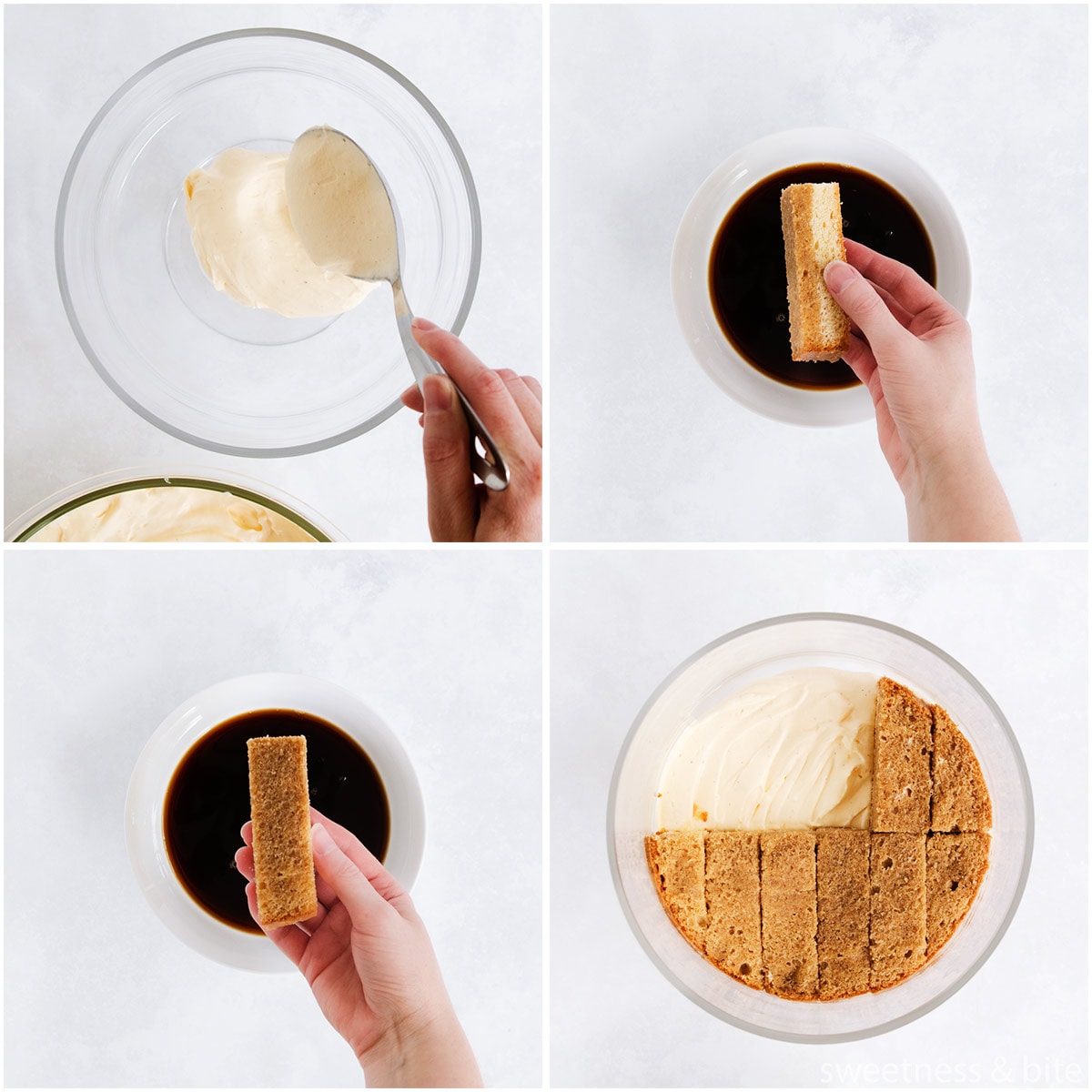 Collage of four images showing the sponge being dipped in coffee and layered with the cream mixture in the bowl.