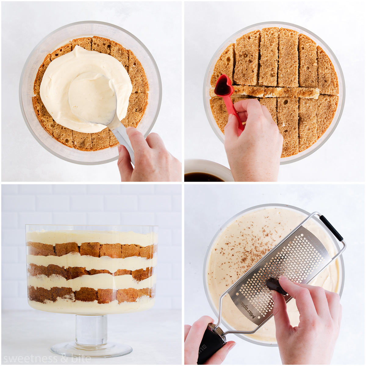 Collage of four images showing the layered tiramisu, and chocolate being grated on the top.