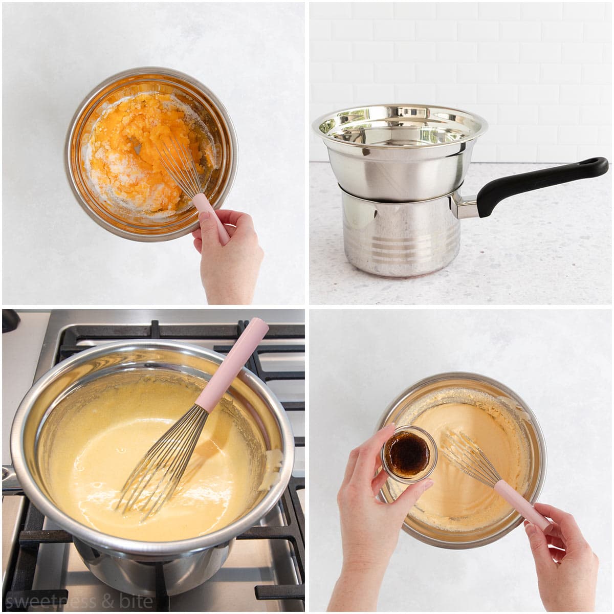 Collage of four images showing the eggs and sugar being mixed and heated over a water bath and the vanilla being added.