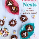 9 chocolate Easter nests, some on leaf-shaped plates, on a blue woodgrain background, surrounded by pastel eggs.