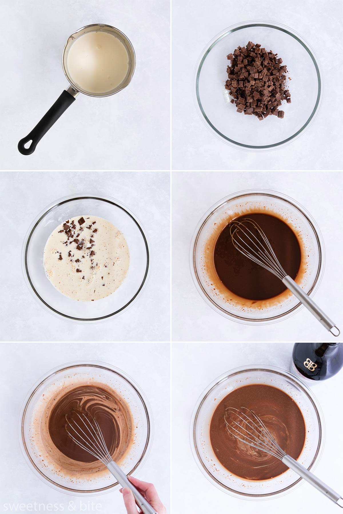 Collage of 6 images showing the chocolate being melted by the hot cream, and the Irish Cream being whisked in.