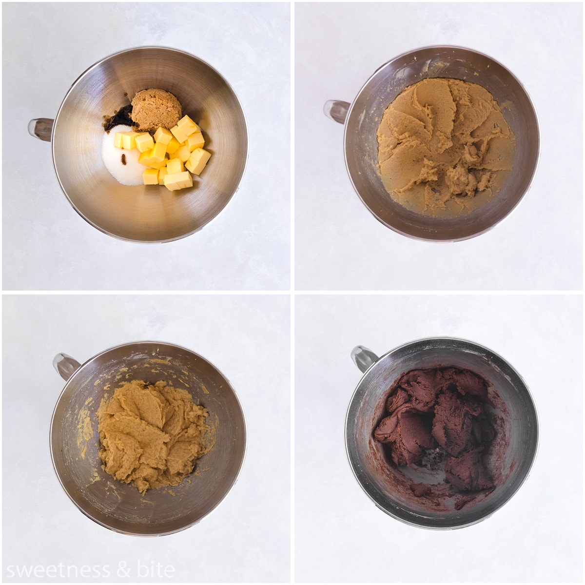 Collage of 4 images showing the butter, sugar and eggs beaten, the dry ingredients mixed in and the finished dough.