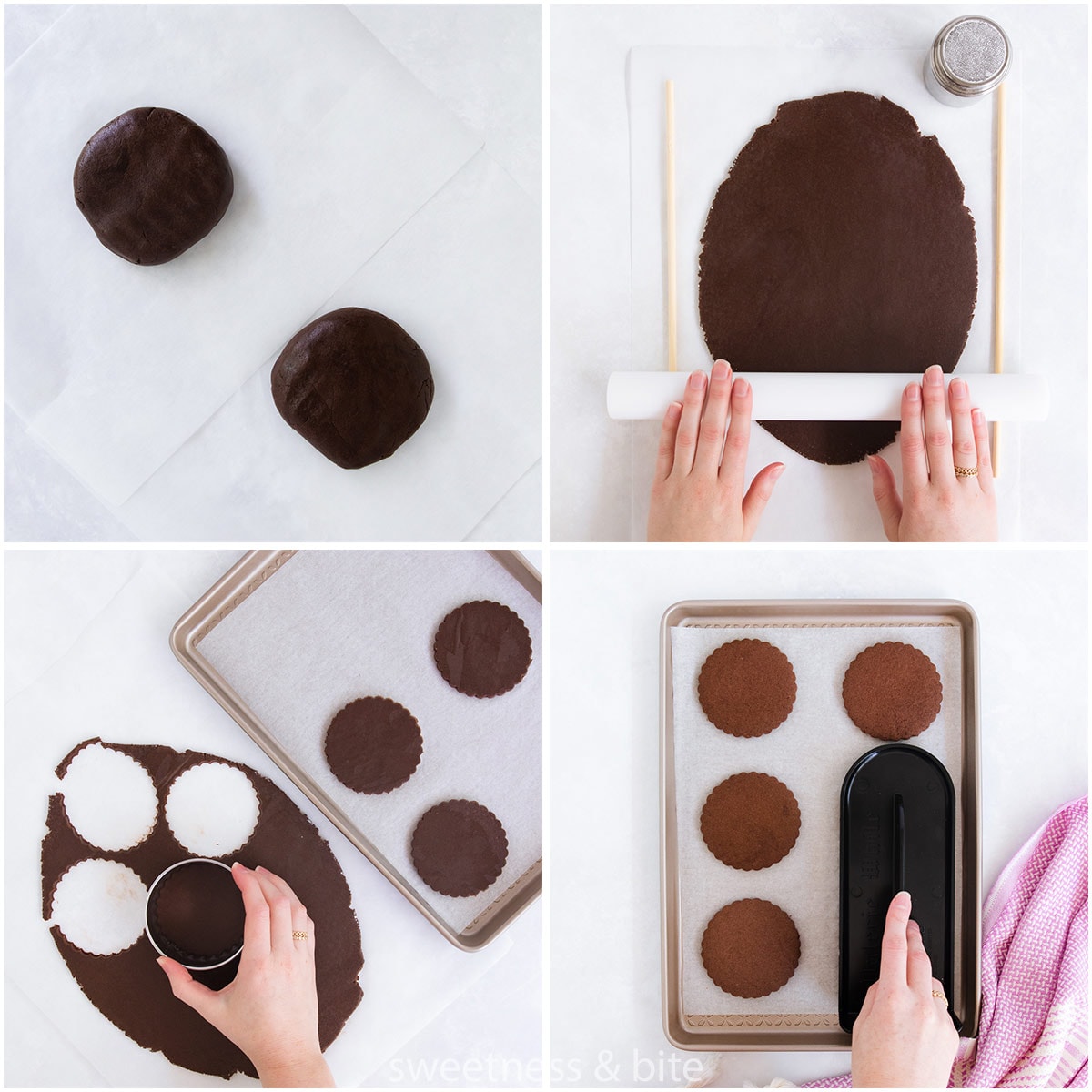 Collage of four images showing the dough balls being rolled out, scalloped circle cookies being cut out and baked.