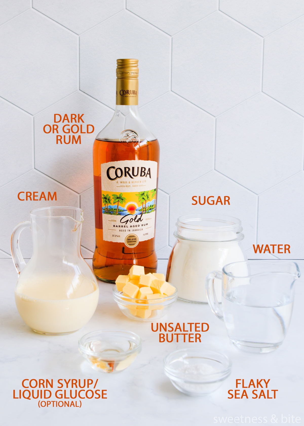 Rum caramel sauce ingredients on a grey background with orange text labels - rum, sugar, crea, water, butter, corn syrup and salt.