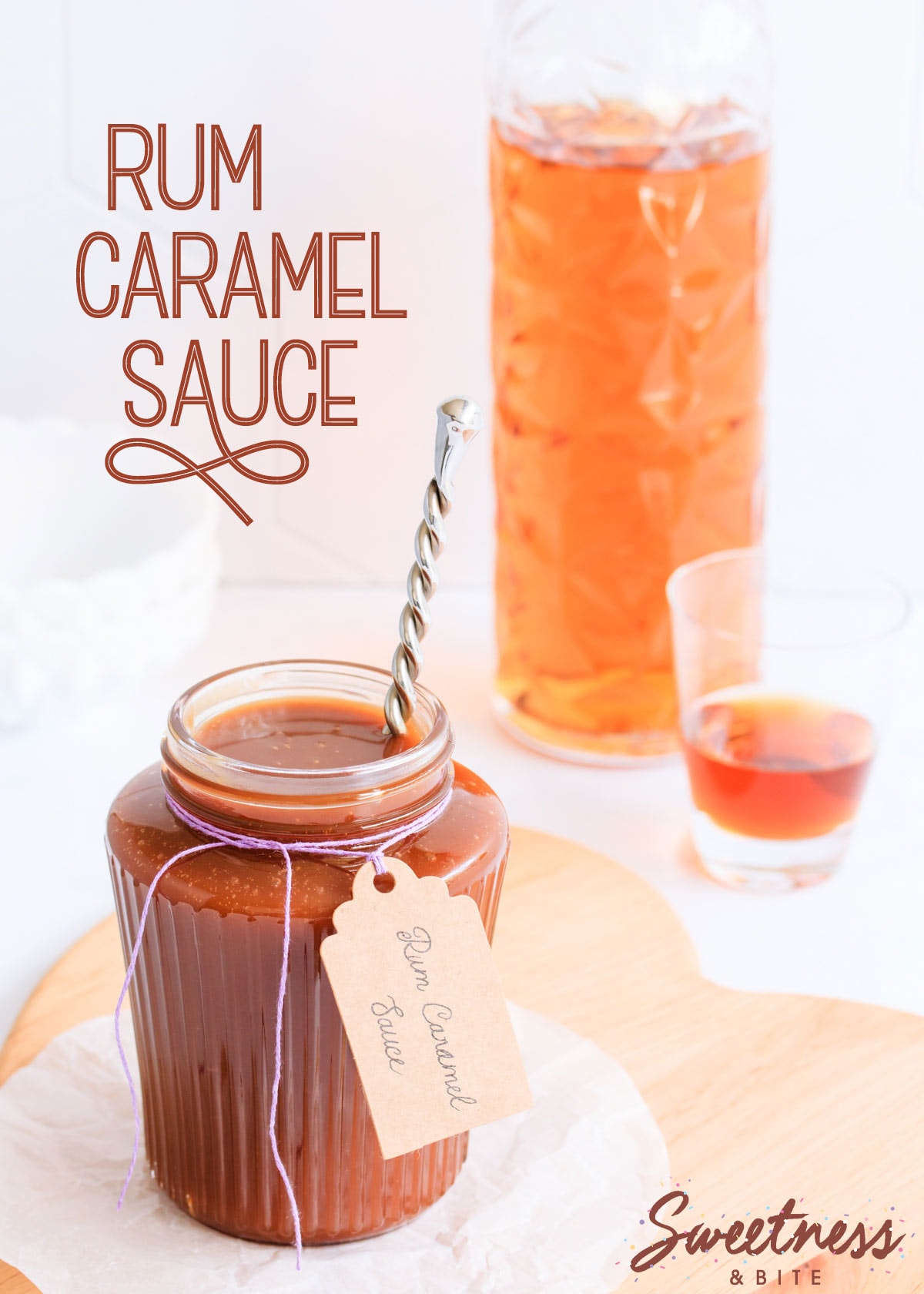 Caramel sauce in a ribbed glass jar with a spoon, text overlay reads 