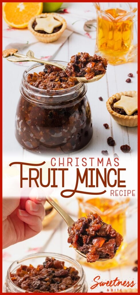 Tall collage of two images, top shows a jar of fruit mince with a spoonful of mince resting on top, bottom shows a close up of the spoon, text overlay reads 