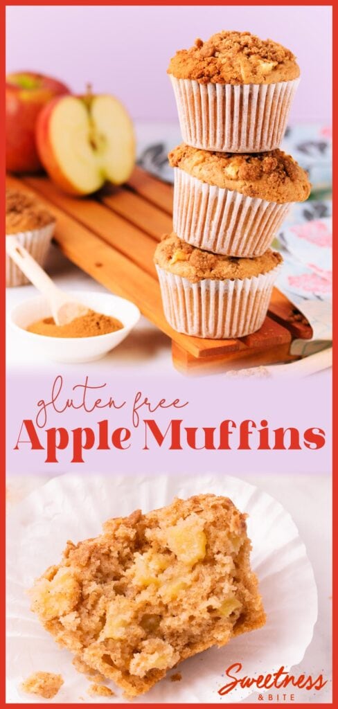 Tall collage of two images, top image shows three stacked gluten free apple muffins, lower image shows the inside of a muffin, text overlay reads gluten free apple muffins.