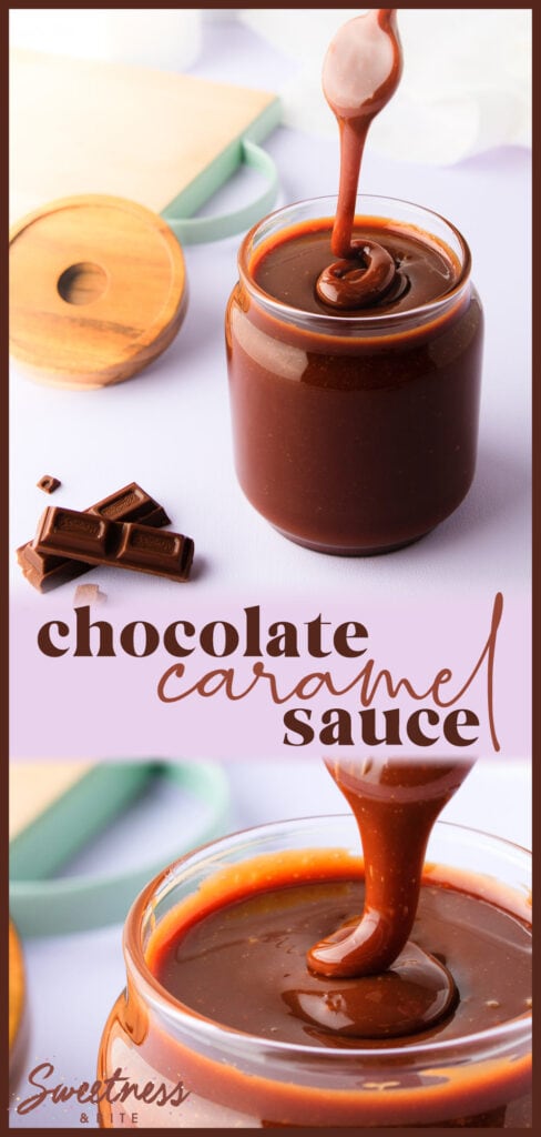 A tall collage of two images, top image is chocolate caramel sauce in a jar, bottom image is a close up of sauce being dripped back into the jar off a spoon, text overlay reads 