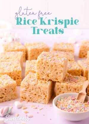 A stack of rice krispie treats on a pale purple background with a small bowl of pastel sprinkles, text overlay reads 