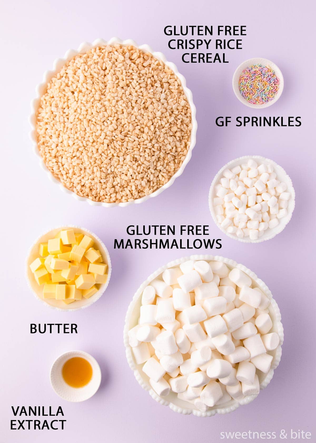 The ingredients in white bowls on a light purple background with labels in black uppercase text.