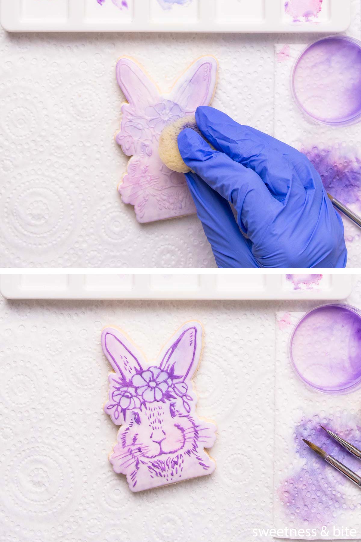 A collage of two images - top image shows a hand using a sponge to dab watercolour paint in shades of pink and purple over a fondant covered cookie that has been stamped with a bunny head design, bottom shows the same cookie with the bunny design outlined in purple paint.